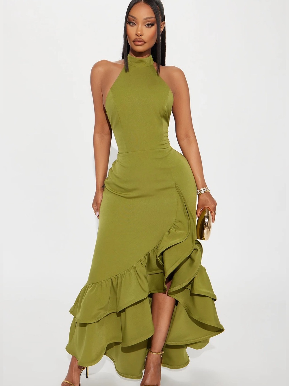 NWOT Fashion Nova Olive Halter High-Low Ruffle Dress